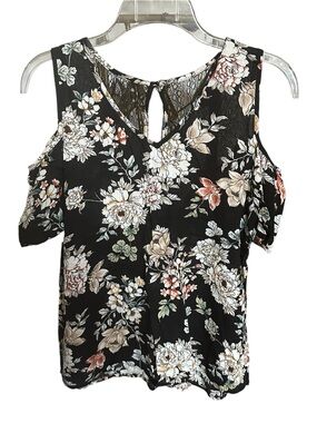 Gypsies & Moondust Black Floral Cold-Shoulder V-Neck Top- NWOT M
